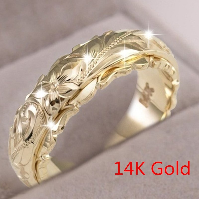 Lujoso Exquisito Clásico Elegante De Las Mujeres Anillo De Oro 14K Colgante  Grabado Flor Novia Boda Aniversario Regalos Anillos De Compromiso Tamaño  5-11