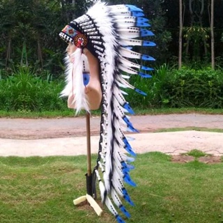 Tocado étnico de plumas de carnaval, tocado de pluma, diadema de plumas,  corona indio de Halloween, accesorios para el cabello (azul)