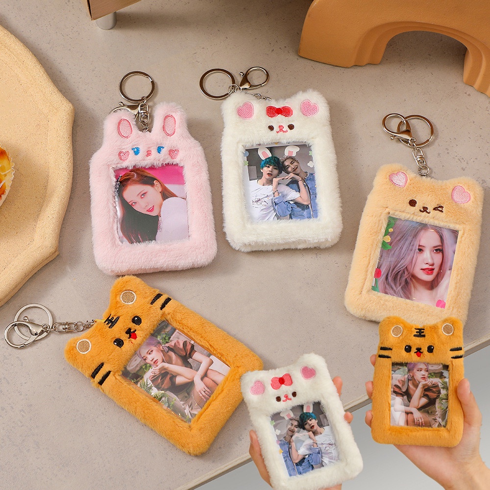 INS Plush Rabbit Photocard Holder with Keychain Cute Bear Credit ID Bank  Card Bag Idol Photo Protective Case Stationery