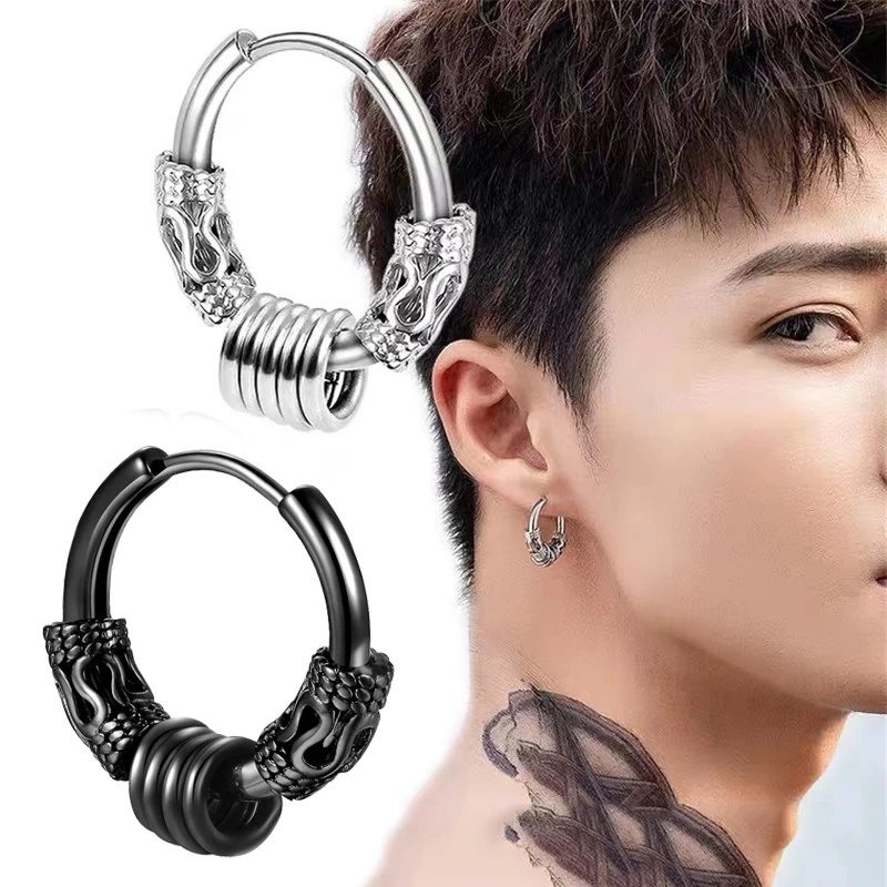 Aros de plata para hombre, redondos con barra larga, aretes de aro de acero  inoxidable para hombre