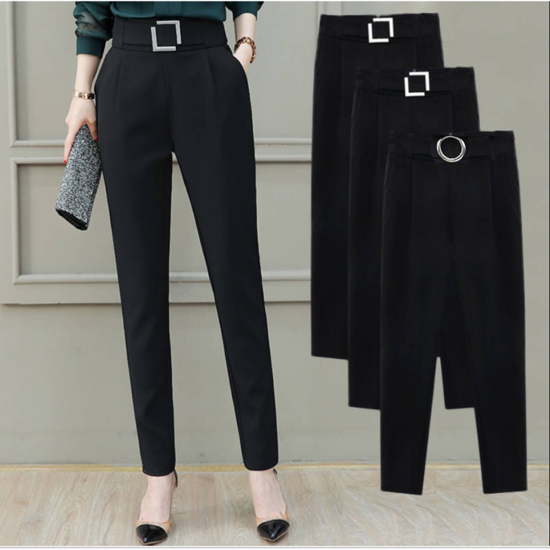 Harem Pantalones Largos Mujeres Oficina Formal Casual Negro Suelto Anillo  De Cintura Alta Estilo Coreano Mujer