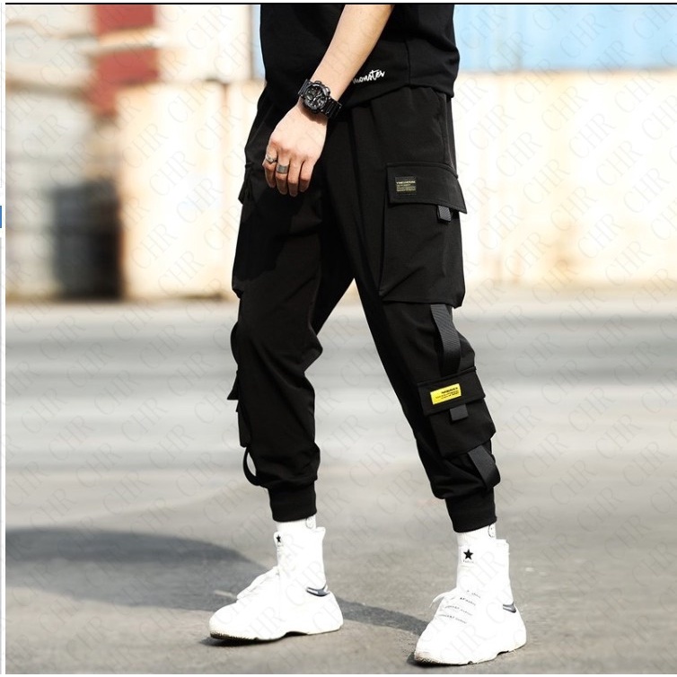 Moda Casual Los Hombres con múltiples Bolsillos Harem Pantalones Hombres  Streetwear Punk Pantalón Cargo Hip Hop Casual Pantalones Joggers Hombre  (Color : Black, Size : L) : : Moda