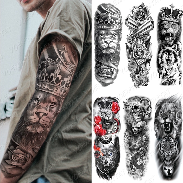 gran brazo manga tatuajes león corona rey rosa impermeable temporal tatoo  pegatina salvaje lobo tigre hombres