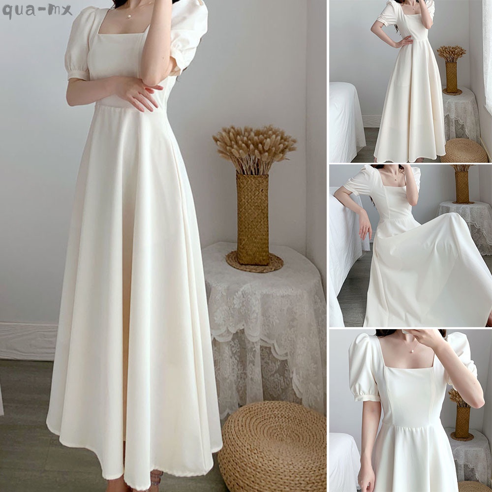 Verano Vestido Para Las Mujeres De Coreano De Moda Casual De Vestidos De Cuello Cuadrado Puff Manga Blanca 2022 | Shopee