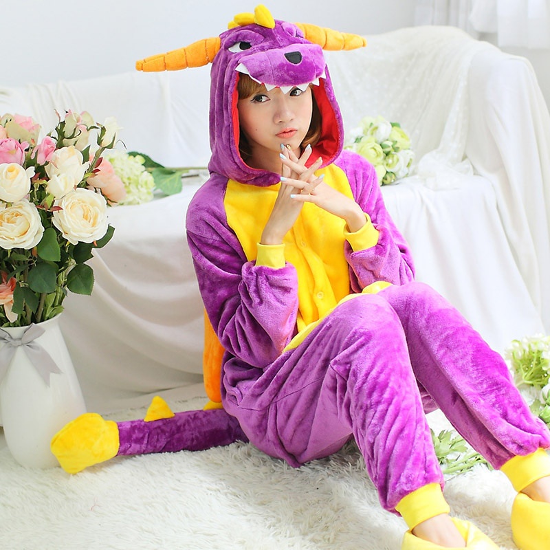 Adultos invierno Kigurumi franela p rpura dinosaurio Onesies