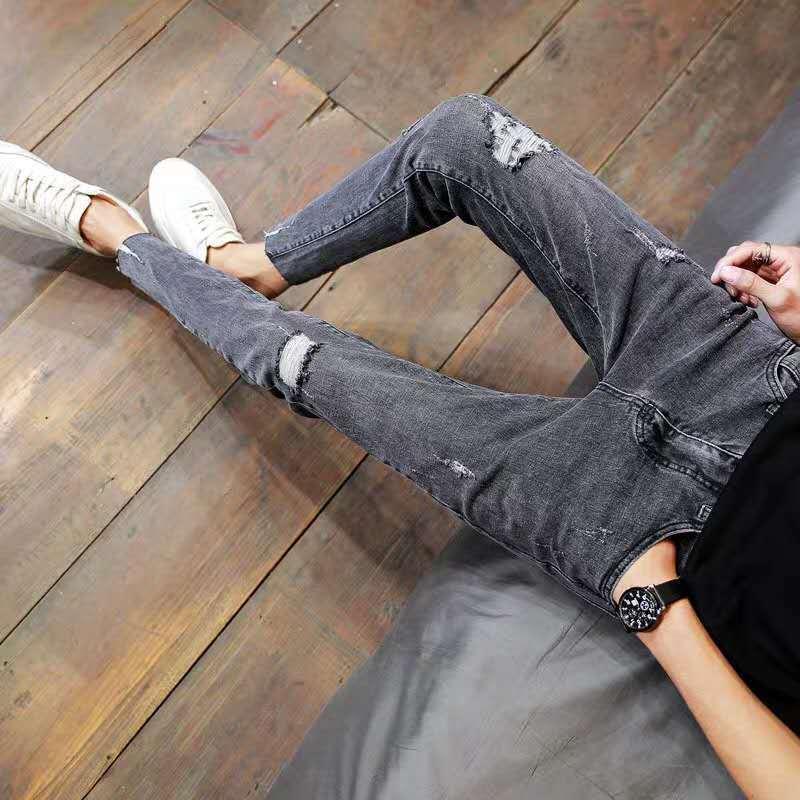 2021 Gris Rasgado Tobillo Longitud Jeans Piernas Malas Hombres Slim Fit Pantalones Flacos Moda Mendigo De