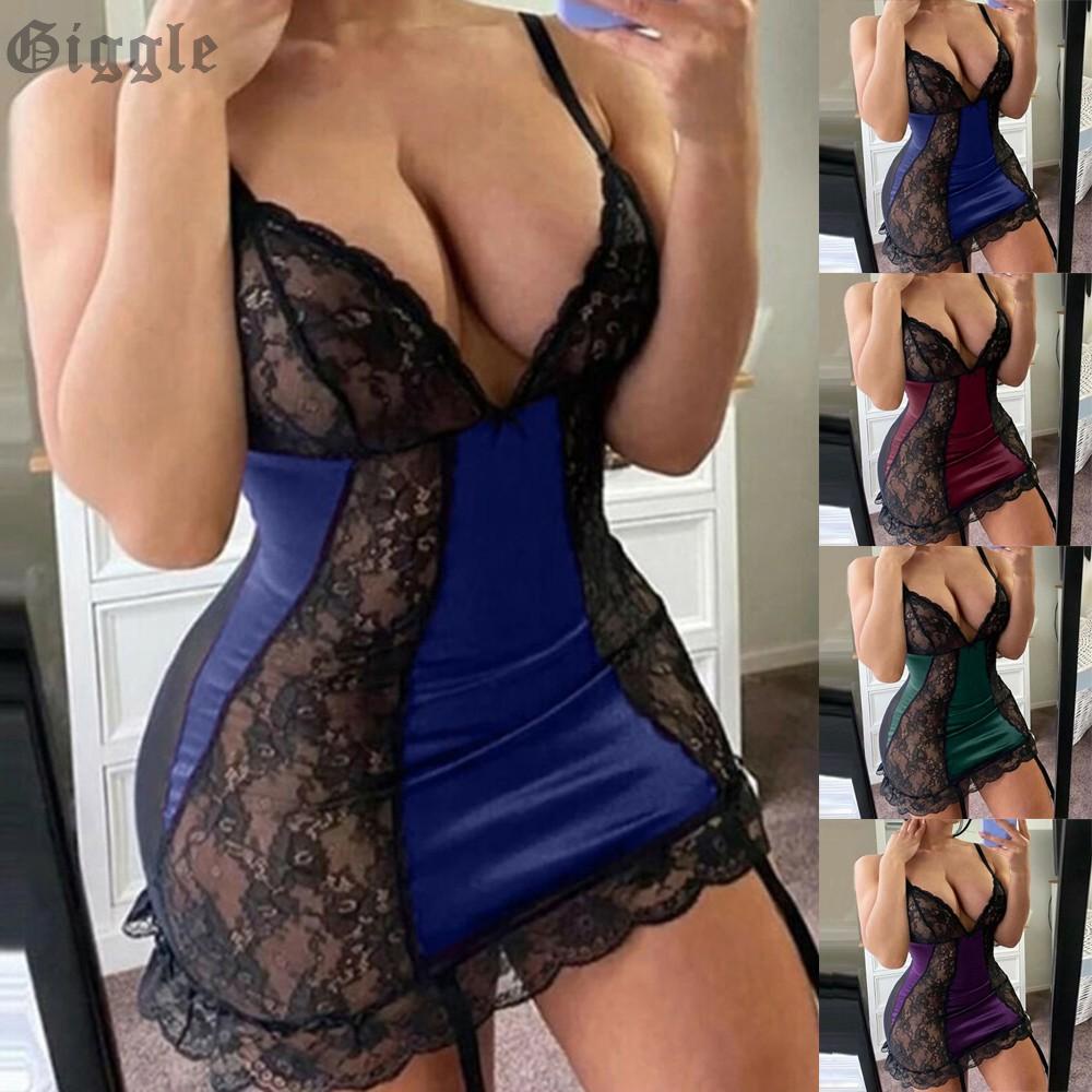 Traje sexual para mujer, ropa de babydoll sexy, conjuntos de brasier y  bragas, lencería de encaje transparente para mujer (color rojo, talla:  mediano)