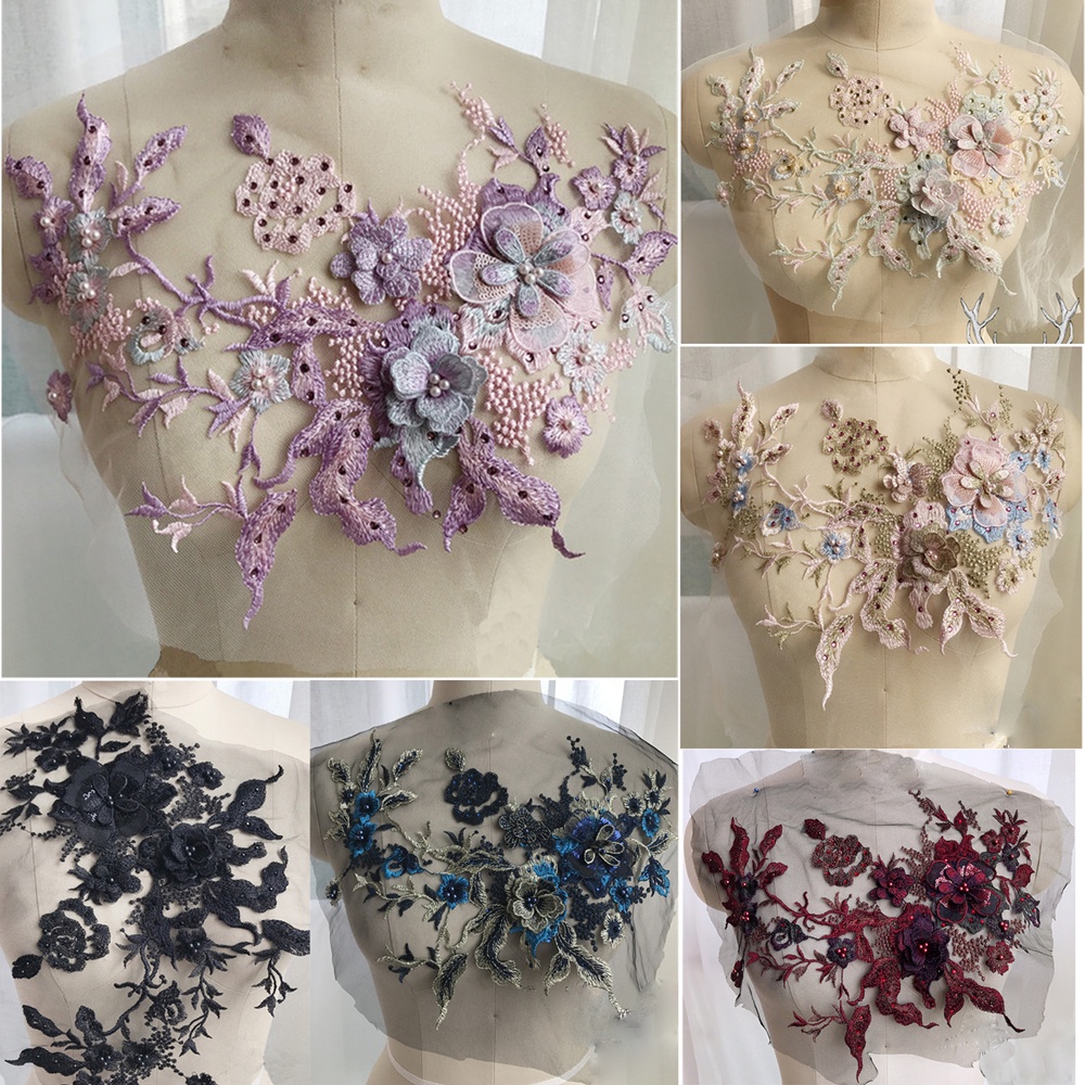 3D Flores Con Cuentas Telas De Encaje Apliques Bordado Costura En Parches  Para Boda/Evening Vestido Ropa