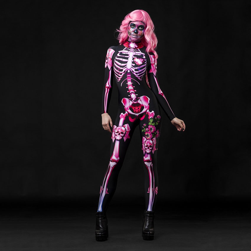 Mono De Halloween Esqueleto Cosplay Rosa Sexy Calavera Aterrador