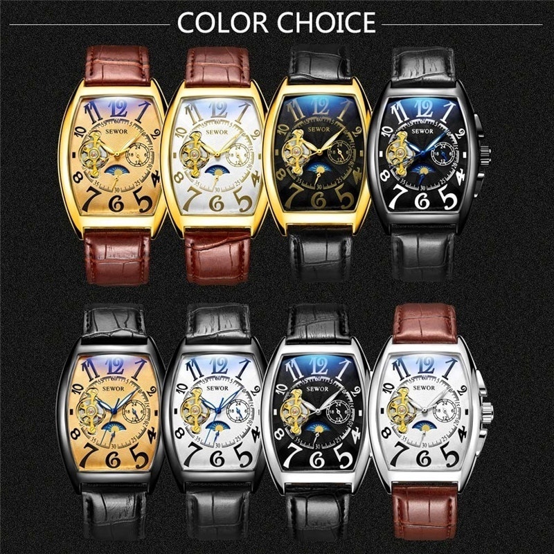 SEWOR Nuevo Negro Oro Tonneau Tourbillon Automatico Reloj Mecanico Correa De Cuero Hombres Relojes De Pulsera