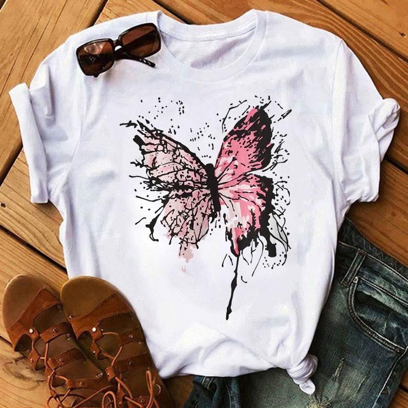 Nueva Camiseta Con Estampado De Mariposa Y Estrella Moda Mujer Manga Corta Tops Cuello Redondo Lindo Grafico Camisetas