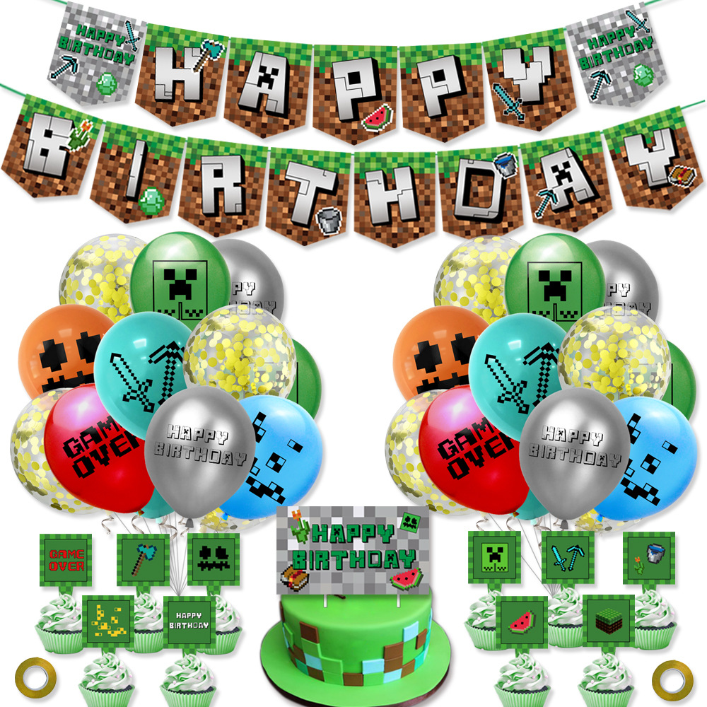 Kit de globos de Minecraft de 34 piezas de 12 globos de látex coloridos  con banderas y signos de pastel para niños Juego de píxeles Decoraciones  temáticas de fiestas de cumpleaños