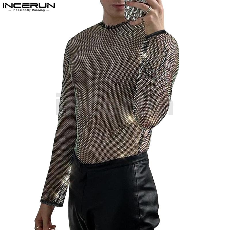 INCERUN Hombres Vintage Impreso Color Carne Malla Transparente Medio Cuello  Alto Camisetas De Manga Larga