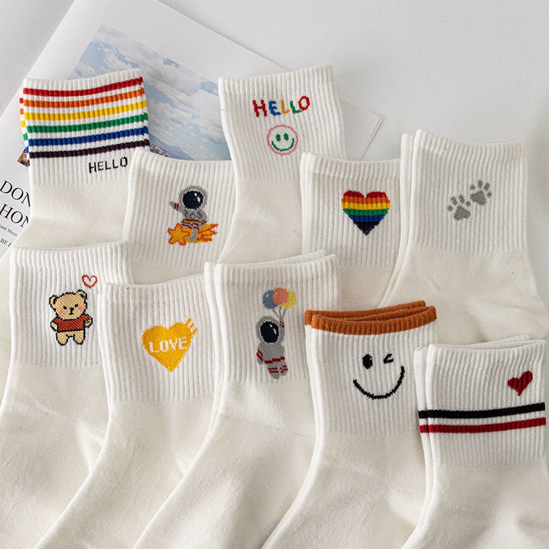 calcetines muje calcetines divertidos calcetines blancos mujer Conjunto de  5 pares de calcetines de algodón puro para mujer, medias de tubo medio  japonesas, calcetines casuales y lindos sonrientes, primavera y otoño -  AliExpress