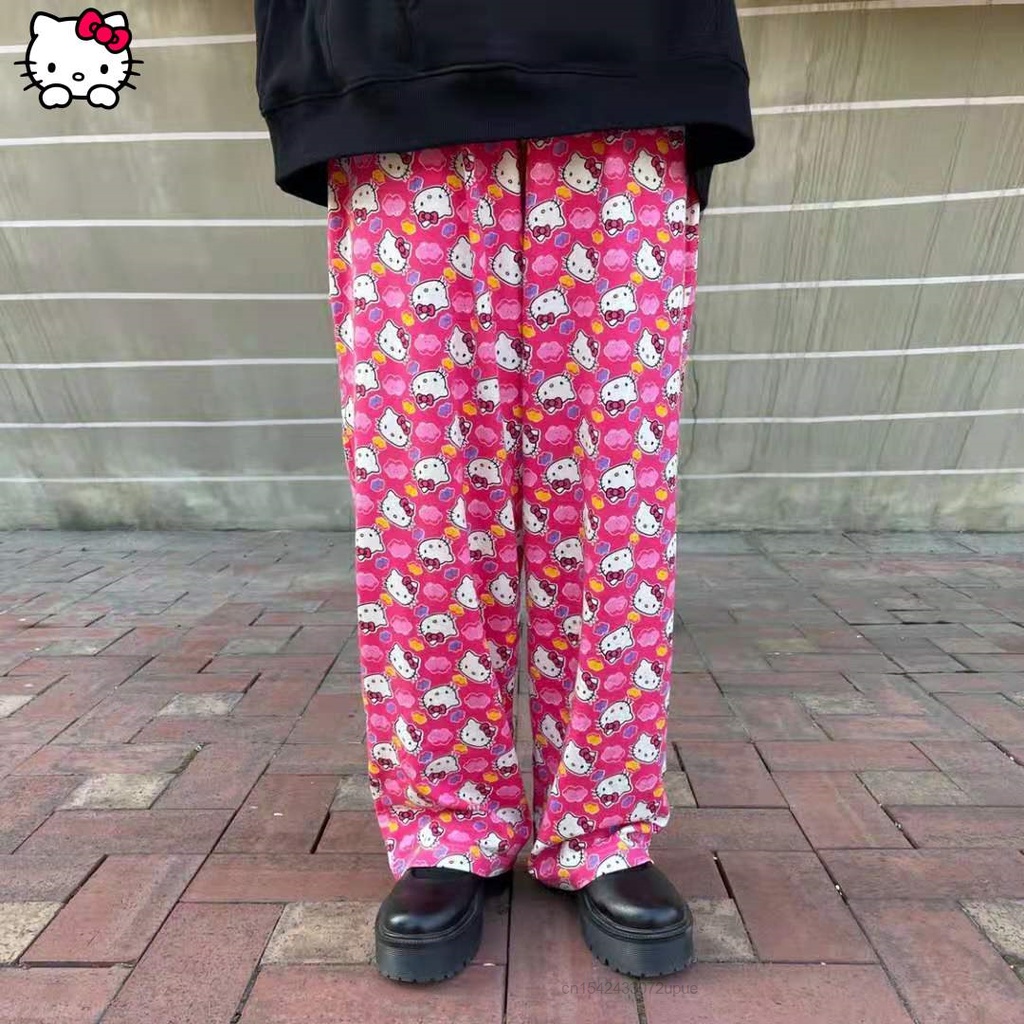 Pantalones Nuevo Pantalón Pierna Ancha Sanrio Hello Kitty Encantador Suelto Cintura Alta Casual Finos Estéticos Y2k Traf Moda Impreso México