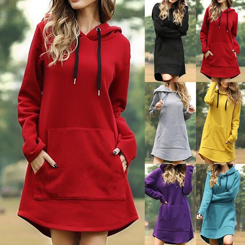 Nuevo otoño sudaderas largas de las mujeres vestidos Casual bolsillo de  manga larga sudaderas con capucha suelta de gran tamaño jersey sudadera con  capucha vestido