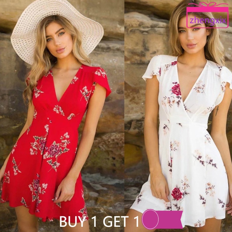 Vestidos de mujer verano 2020 Sexy cuello en V estampado Floral Boho playa  vestido de volantes de manga corta una línea Mini vestido de abrigo vestido