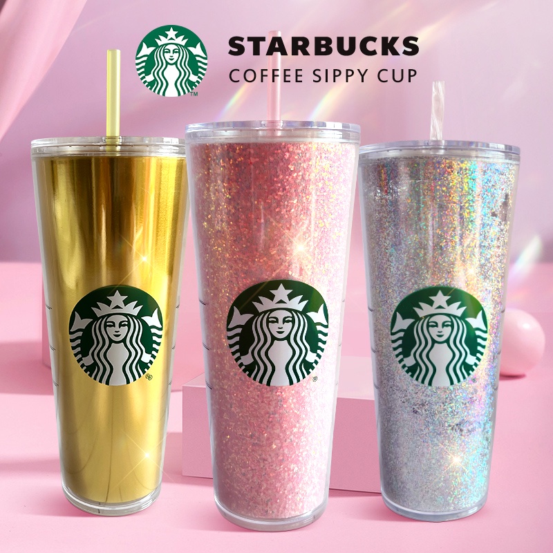 Vaso Starbucks glitter Rosa Reutilizable De Plástico Con Tapa Y Paja Taza  Fría