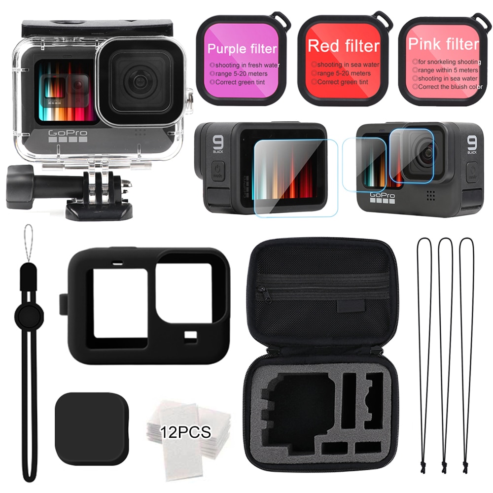 Kit de accesorios para GoPro Hero 9 negro, juego de accesorios para Hero 9  Negro, carcasa impermeable caso+funda de goma+3 filtros para GoPro Hero 9