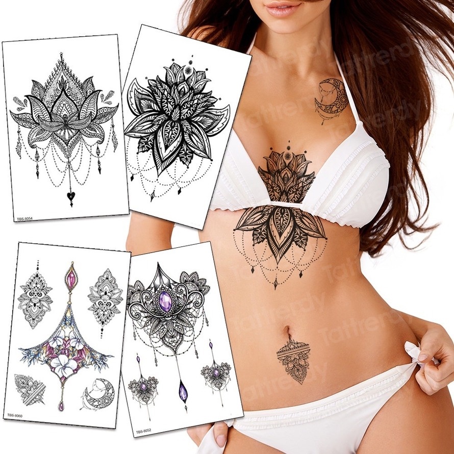 mandala Temporal Tatuaje Pegatina De Encaje Negro henna Sexo Para Mujer Bajo  El Pecho underboob Bocetos Diseños Descuento | Shopee México