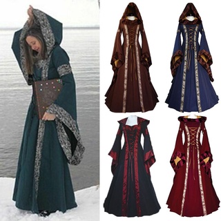 Vestido medieval con capucha para mujer, con cordones, de terciopelo, manga  de trompeta, gótico, retro, cosplay, vestido largo