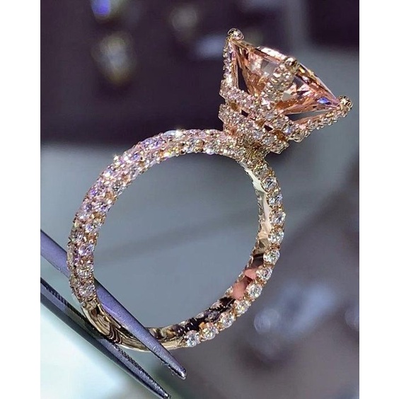 Anillo De Boda De Lujo De 14 Quilates De Oro Rosa Bajo Halo Con