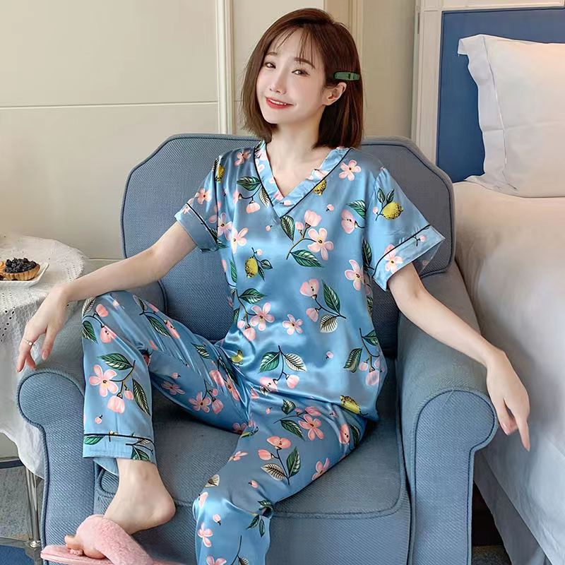 Moda Coreana Mujeres Talla Grande M-4XL Seda Satén Pijamas Conjunto Mujer  Manga Corta Ropa De Dormir Hogar