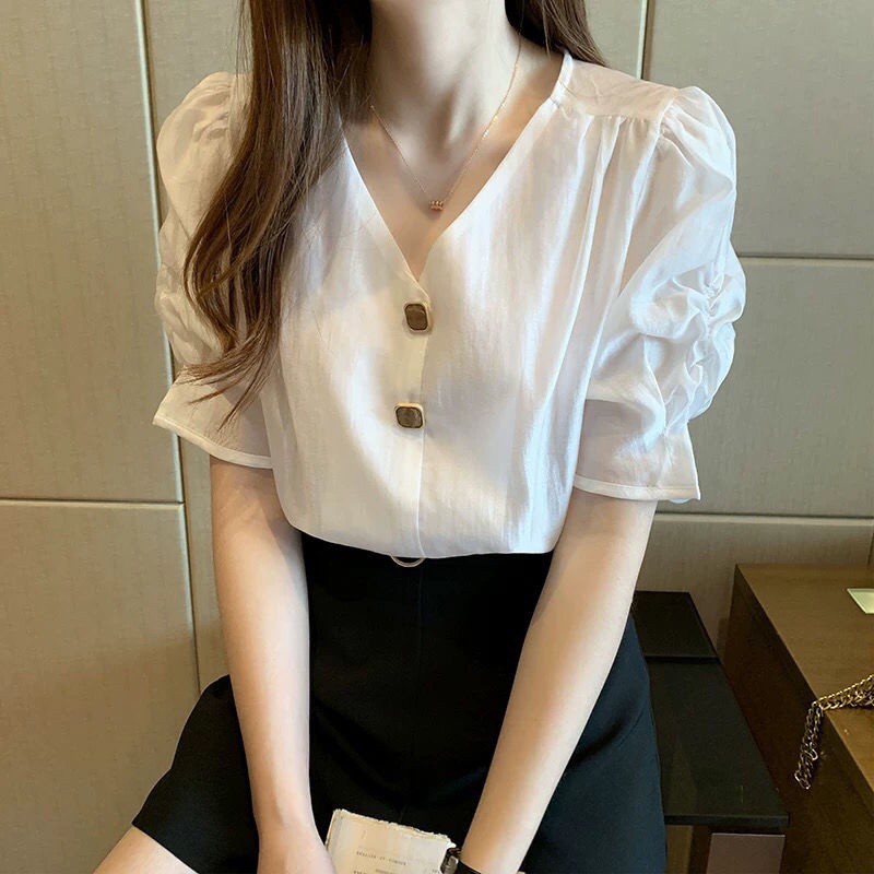 Mujer Liso Gasa Camisa Burbuja Manga Blusa Tops Suelto Todo Partido V Cuello Top Shopee Mexico