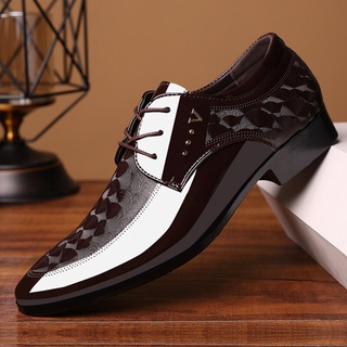 Zapatos clásicos de vestir de cuero sintético para hombre, zapatos negros  con punta puntiaguda, planos, formales británicos con cordones para hombre