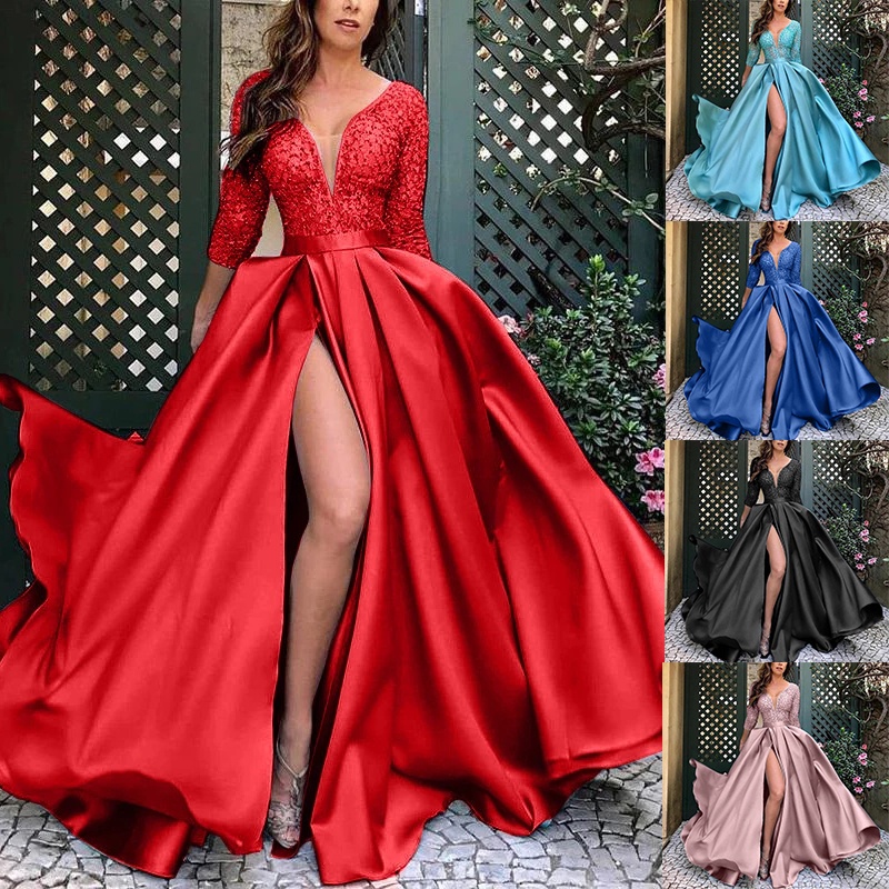 Vestidos Largos De Las Mujeres Fiesta De La Boda Año Nuevo 2022 Vintage  Chic Satén Rojo Maxi V-Cuello Bronceado Banquete Noche Elegante Vestido De