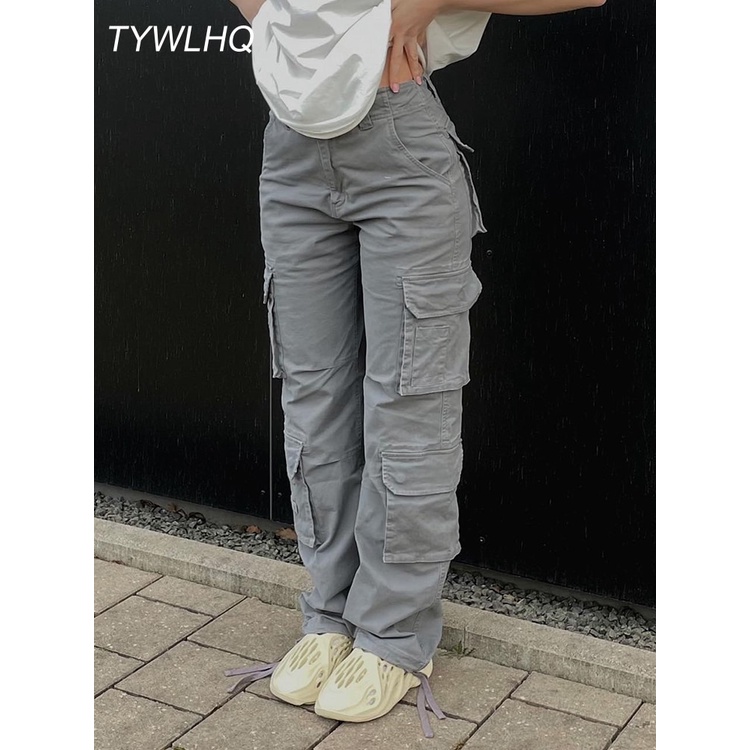 Pantalones Tipo Cargo Pantalones cargo Mujer Pantalones casuales sueltos  Cordón Y2K Primavera Verano (Gris M) Cgtredaw Para estrenar