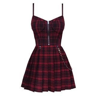 Gótico niñas cuadros plisado Punk vestido Preppy estilo rojo negro espagueti correa Sexy sin mangas Mini vestidos cortos Goth México