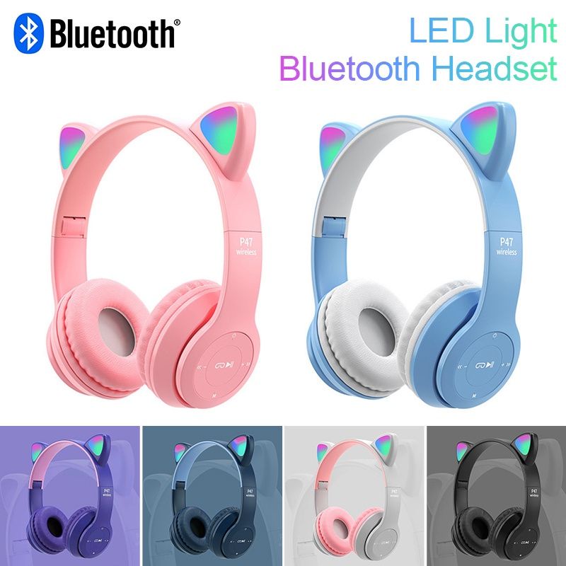 Audífonos inalámbricos bluetooth con orejas de gato ligeras/lindo juego  para adultos/niños/transmisión en vivo con micrófono LED plegable P47M