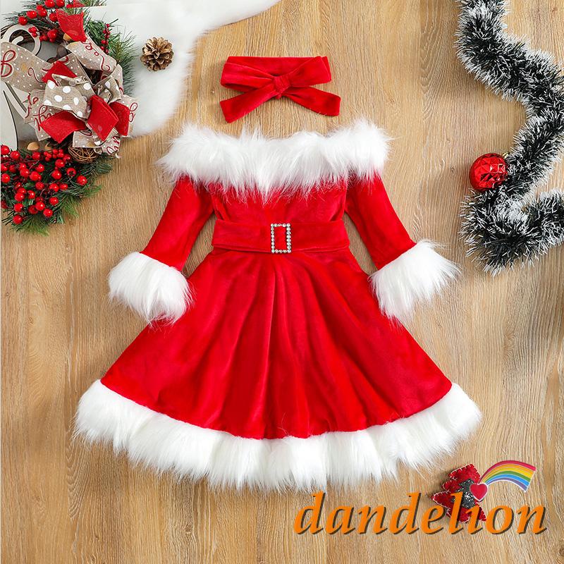 De León-1-7 Años Bebé Niña De Navidad , Piel Sintética Patchwork Manga Larga Sin Hombro Vestido Una Línea Con + Diadema Con Lazo | Shopee México