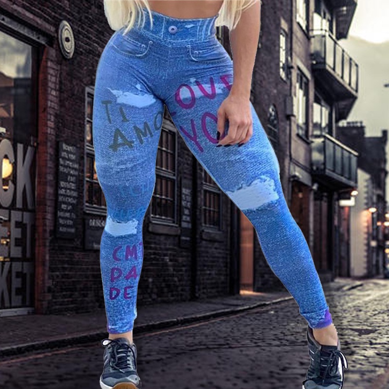 Leggings De Mujer 2022 Moda De Imitación Denim Jeans Sexy Impresión Leggins  Verano Casual Lápiz Pantalones