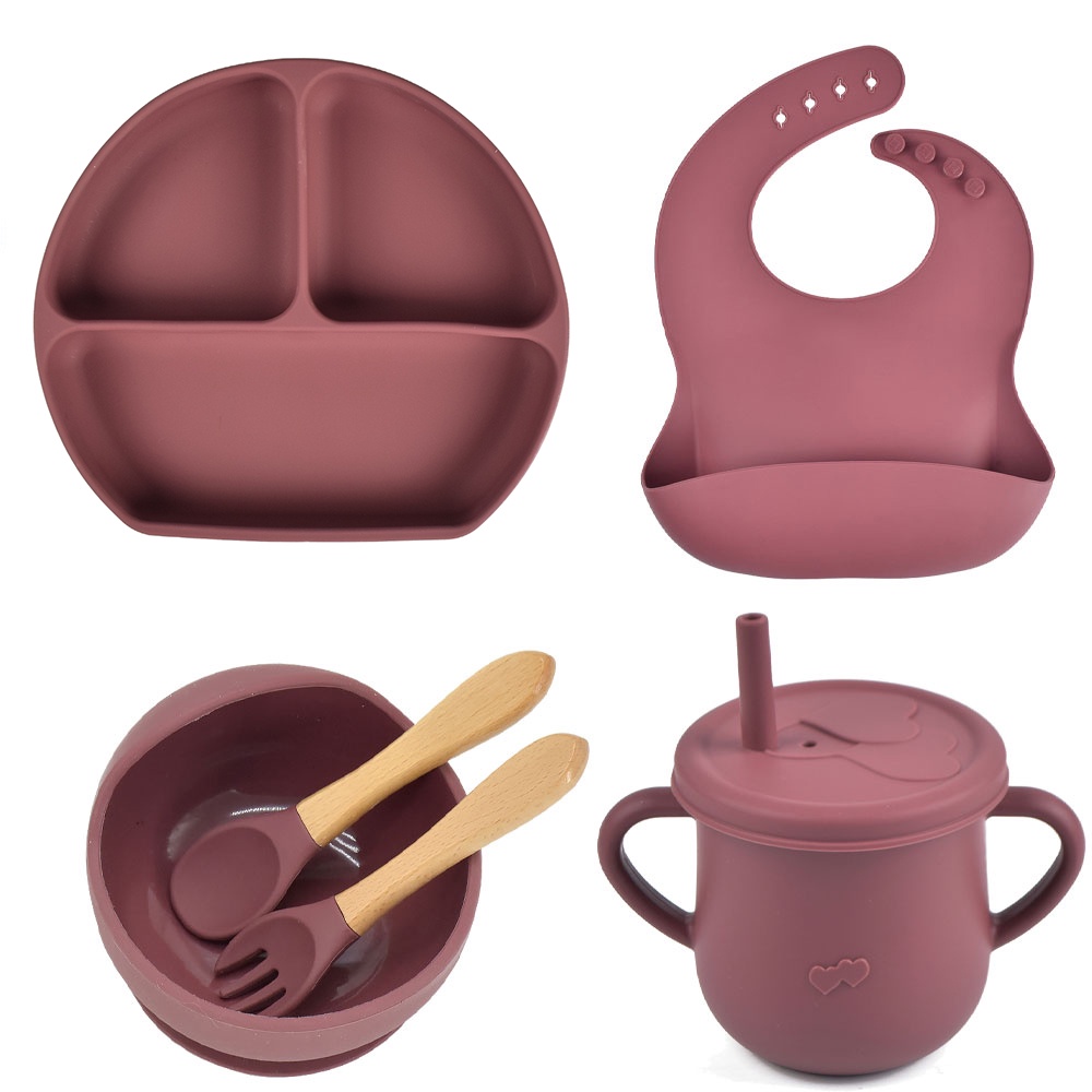 8PCS Bebé Silicona Plato De Comedor Con Ventosa Libre De BPA Niños Vajilla  De Alimentación De Platos Tazón Sippy Taza Baberos Cuchara Tenedor