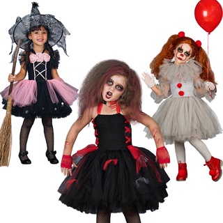 Niños Chicas Fiesta de Halloween Payasos Cosplay Disfraz Mesh Tulle  Vestidos Princesa Set