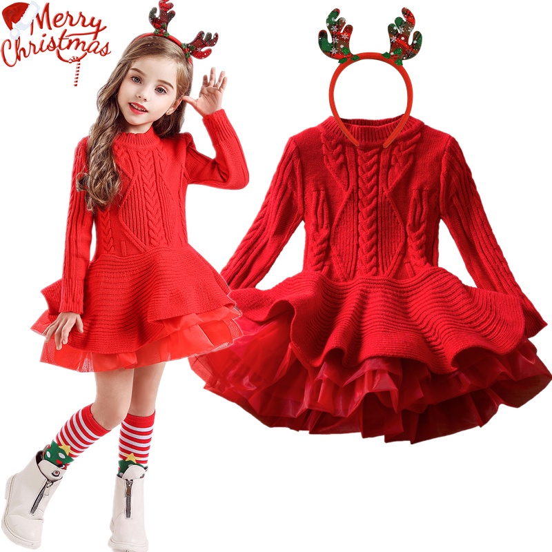 2022 Nuevos Vestidos De Navidad Para Niñas Invierno Manga Larga Suéter Punto Cálido Niños Princesa Vestido De Fiesta Rojo Para | México