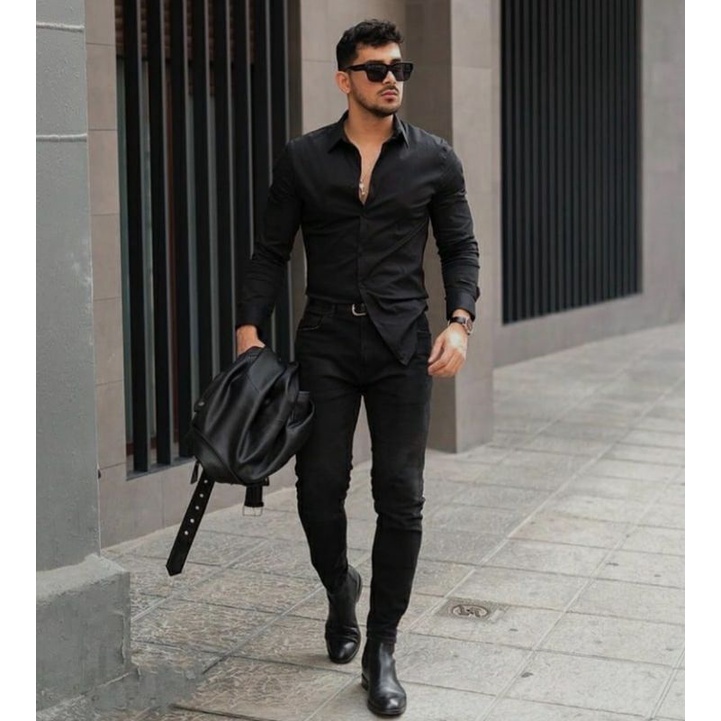 KEMEJA HITAM Hombres Negro Camisa Lisa Manga Larga casual Color Oficina  Dobladillo