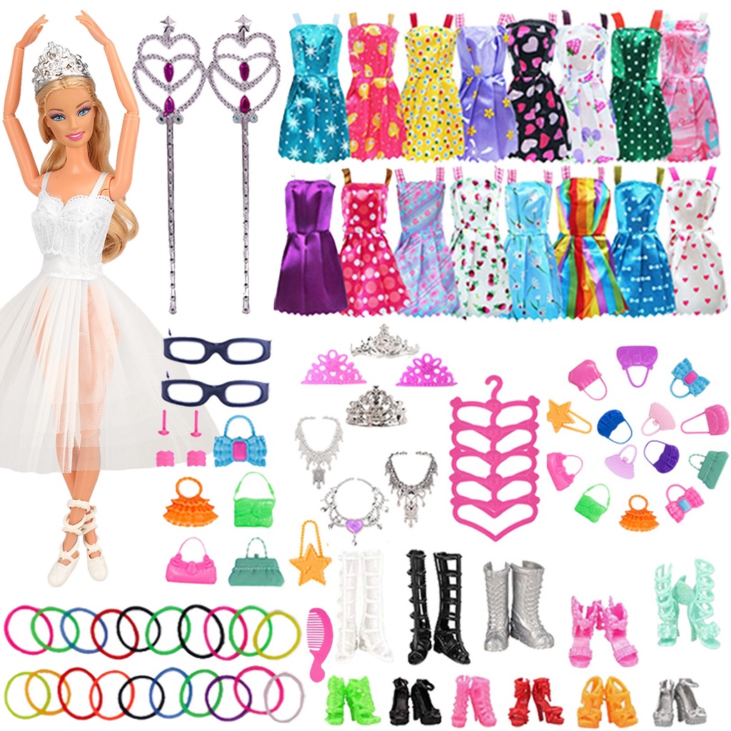 79 unids Set Barbies muneca accesorios de ropa para Barbie muneca zapatos botas Mini vestido bolsos corona perchas gafas para Barbie muneca