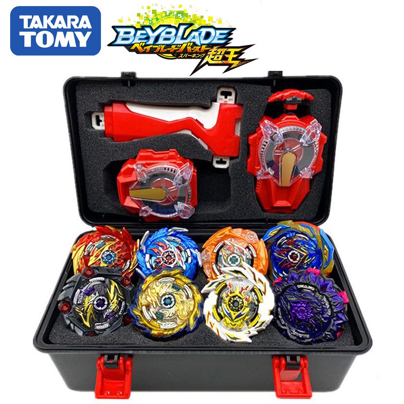 8 Unids Set Takara Tomy Super King Beyblade Burst Con Lanzador De Chispas Caja De Toma De Estroboscicio