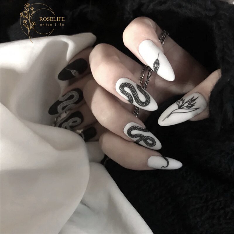 Roselife 24PCs [con pegamento] negro blanco serpiente gótica uñas postizas  manicura DIY herramienta | Shopee México