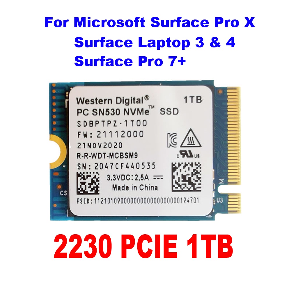 100 % Nuevo WD PC SN530 M . 2 2230 SSD 1TB NVMe PCIe Para Microsoft Surface  Pro X & 7 + Y 8 Laptop 3 Y 4