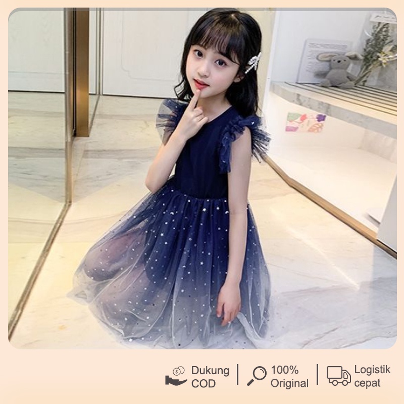 Vestido azul marino para niñas / vestido de manga corta gradiente estrellado / falda de princesa Tufted Tufted falda infantil | Shopee México