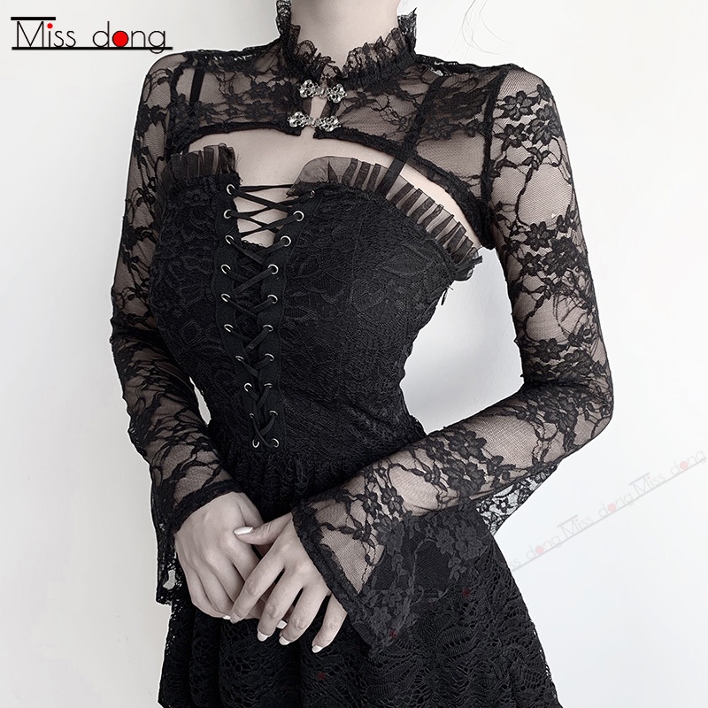 Campana manga negro cuello de pie interior blusa corte apretado