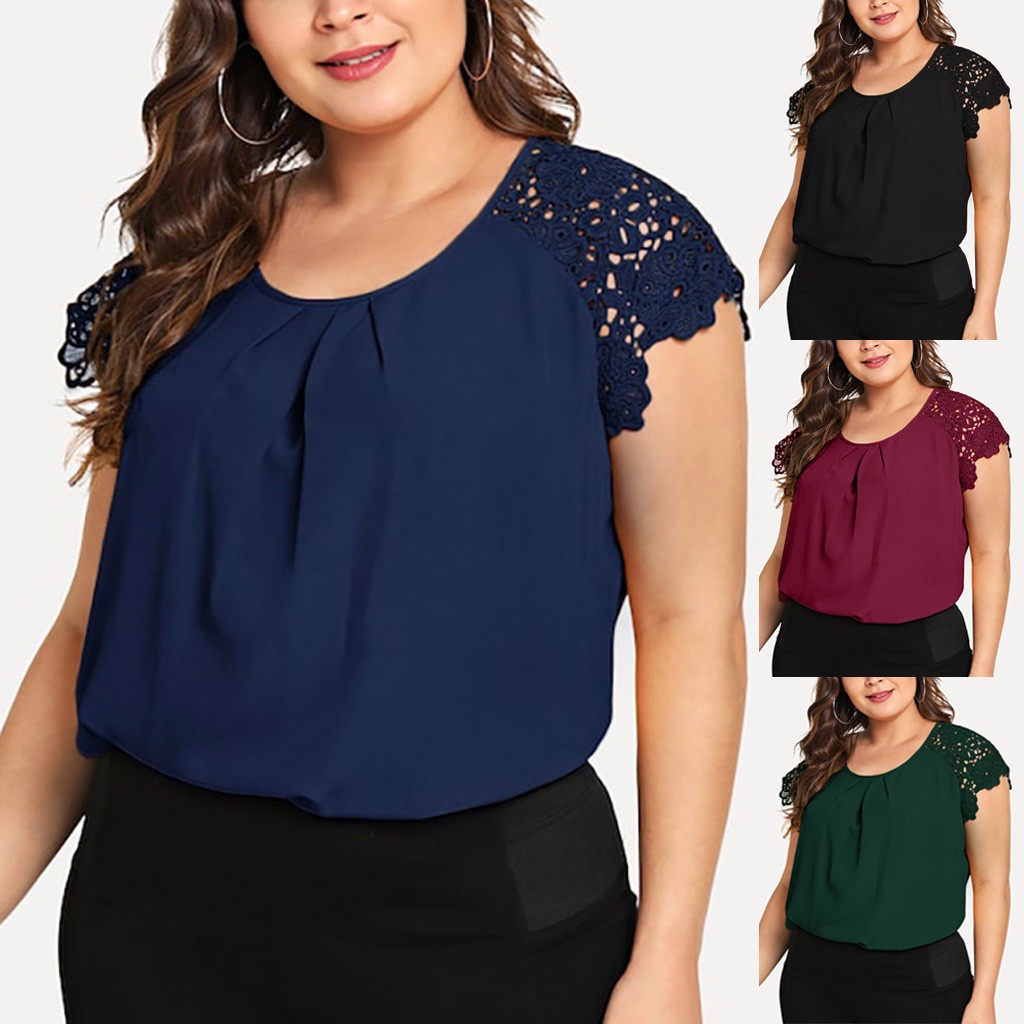 Blusas Extra Grandes Encaje en contraste Liso Burdeos Elegante –