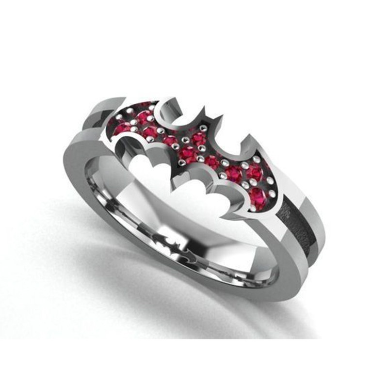 nuevo único creativo batman halloween joyería de plata de ley 925  incrustado rojo diamante anillo batman anillo de novia geek compromiso  anillo de boda aniversario halloween acción de gracias regalo joyería tamaño