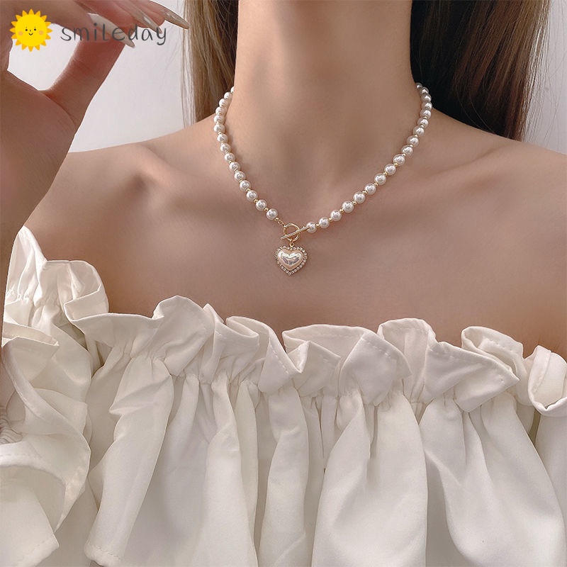Collar De Perlas Con Corazón Mujer Blanco Moda