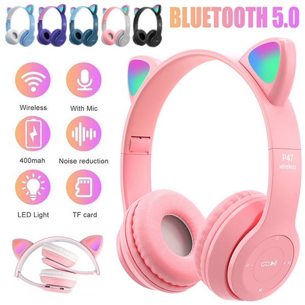 Auriculares inalámbricos para niños, con luz LED, Bluetooth plegables con  micrófono para aprendizaje a distancia en línea (rosa)