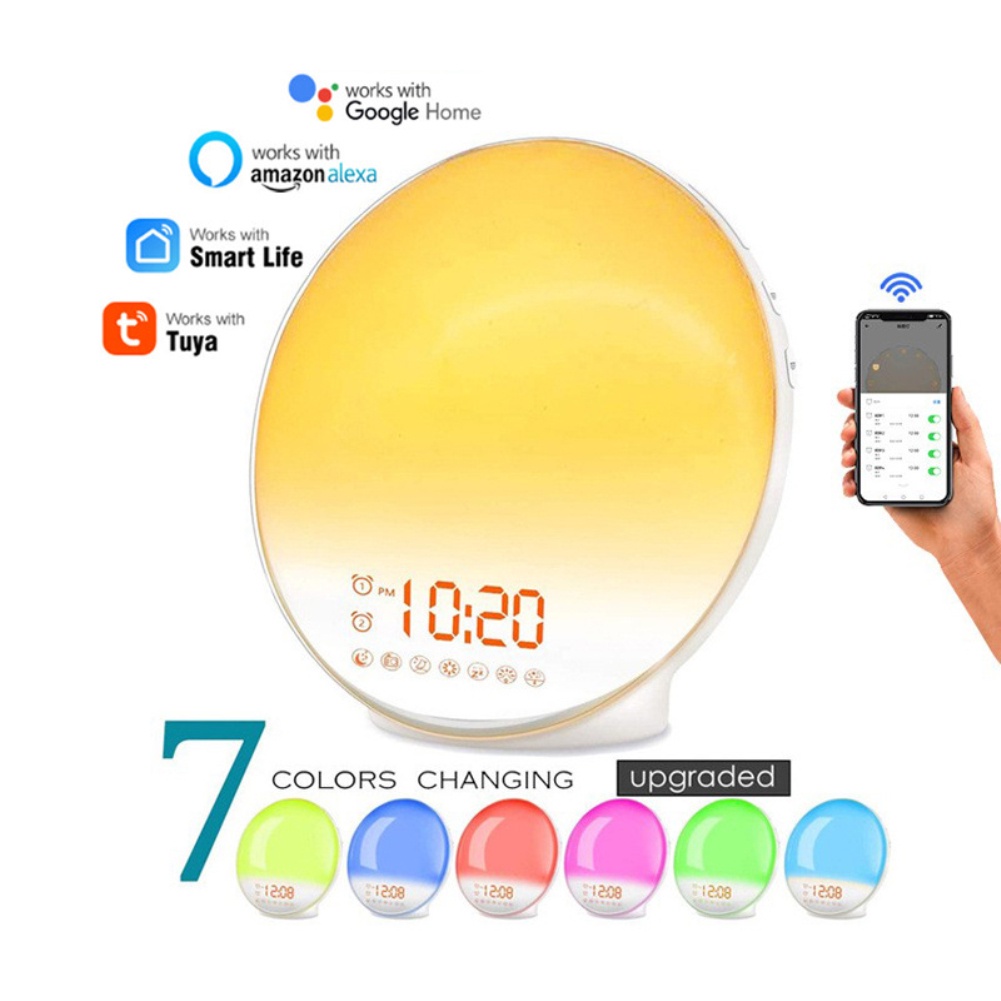 Reloj despertador al amanecer, smart wake up light funciona con Alexa, 4  alarmas con radio Fm, 7 sonidos de la naturaleza y repetición, luz nocturna  de 7 colores, ayuda para dormir Digital